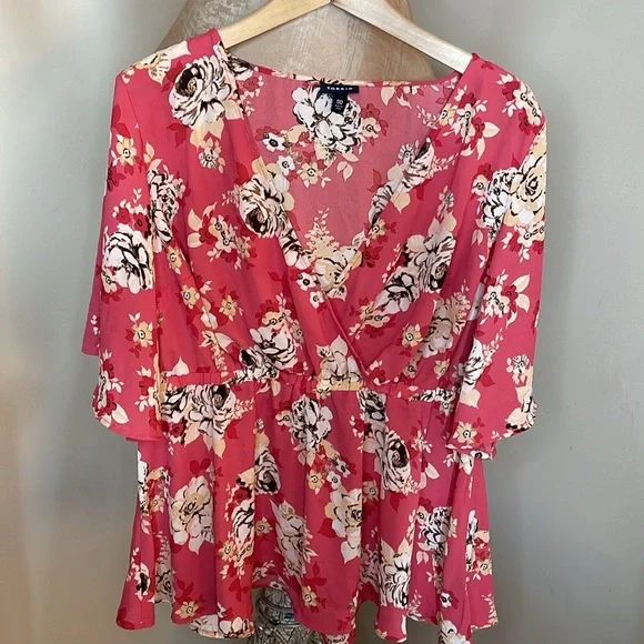 FLORAL WRAP GEORGETTE BABYDOLL BLOUSE CORAL Size 00 - Picture 15 of 15